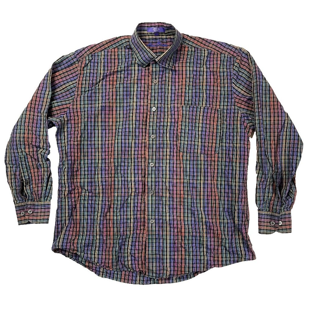 Alan Flusser Mens Oxford Size Large Multicolor Plaid Long Sleeve Button Down